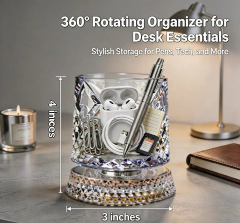 360 Degree Rotating Desk Organizer Cup With Silent Swivel, Dual Use Pencil Holder And Makeup Brush Caddy filled with desk items