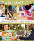 Collage of 2 In 1 All In One Candle And Soap Making Kit, showing tools, materials, and gift box in festive setting.