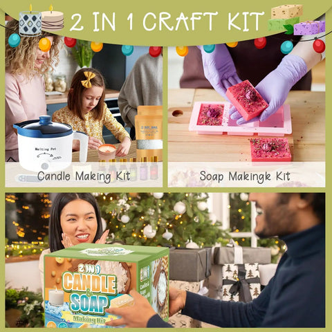Collage of 2 In 1 All In One Candle And Soap Making Kit, showing tools, materials, and gift box in festive setting.