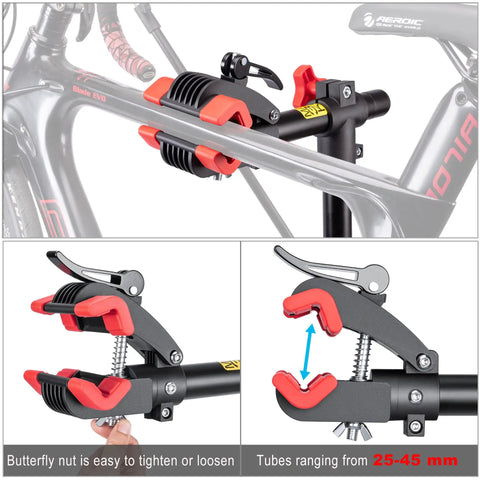 Bike Repair Stand For Home Shop And Mobile Mechanics Lifts Your Ebike Mountain And Road Bike For Quick Maintenance Adjustable Height Safe Clamp Foldable Design For Easy At Home Tune Ups showing clamp details.