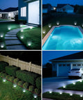12 Pack Solar Ground Lights Low Profile Flat Disc LED Pathway Lights Outdoor Waterproof Mower Safe For Garden Patio Yard Driveway 2.2 Inch Cold White Lighting illuminating paths, pool, and driveway at night.