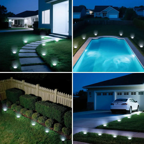 12 Pack Solar Ground Lights Low Profile Flat Disc LED Pathway Lights Outdoor Waterproof Mower Safe For Garden Patio Yard Driveway 2.2 Inch Cold White Lighting illuminating paths, pool, and driveway at night.