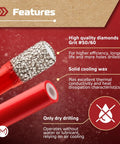 Close-up of dry diamond drill bit with grit #50/60, highlighting features like solid cooling wax and dry drilling benefits.