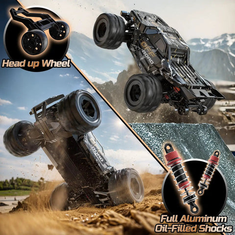 All Terrain RC Monster Truck With 4WD Power features head-up wheels and full aluminum oil-filled shocks
