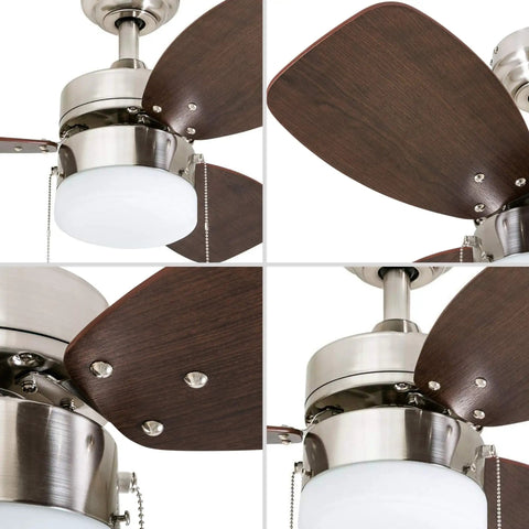 Ocean Breeze 30 Inch Ceiling Fan With Light Indoor LED, brushed nickel motor and dual finish wooden blades, detailed view
