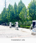 Heavy Duty Commercial DC Fast Charger Standalone Pedestal EVSE For Fleets Farms And Job Sites With Customizable Plug And Play Rapid Power Setup. Installation site with multiple chargers.