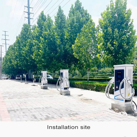 Heavy Duty Commercial DC Fast Charger Standalone Pedestal EVSE For Fleets Farms And Job Sites With Customizable Plug And Play Rapid Power Setup. Installation site with multiple chargers.