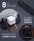 Eight Outlet Surge Protector Power Strip With Slim Profile And 3420 Joules Of Protection for TV, office, or gaming setup