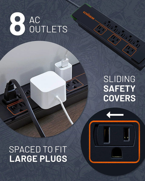 Eight Outlet Surge Protector Power Strip With Slim Profile And 3420 Joules Of Protection for TV, office, or gaming setup
