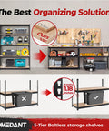 Heavy Duty Black Metal Shelving Unit Five Tier Garage Storage Rack With Quick Snap Together Boltless Assembly for tools and gear installed.