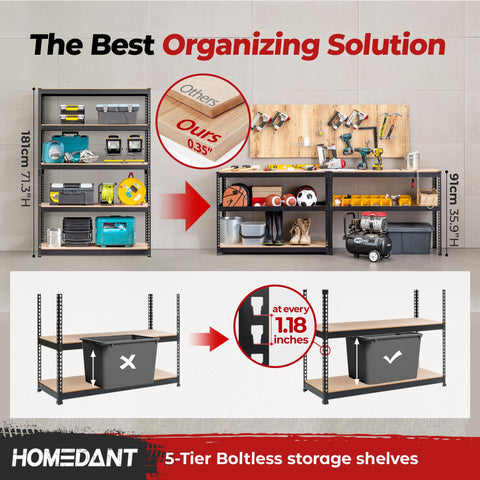 Heavy Duty Black Metal Shelving Unit Five Tier Garage Storage Rack With Quick Snap Together Boltless Assembly for tools and gear installed.