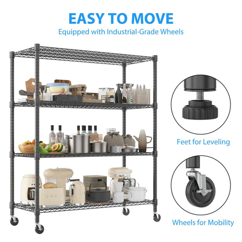 Beefy 4 Tier Wire Shelving Unit On Wheels 60 Inch Wide 24x60x72 Inches Holds Up To 2,400 Lbs Adjustable Metal Shelves For Garage Pantry And Kitchen Black Powder Coated Steel Heavy Duty Storage Rack with leveling feet and casters
