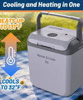 Ride Along Thermoelectric Car Cooler And Warmer 32 Qt Fits A Six Pack Perfect For Weekend Drives Keeps Drinks Frosty Or Snacks Toasty Without Breaking A Sweat Sleek Gray Build Tough Carry Handle Included, showing a 30L cooler, heating to 131°F and cooling to 32°F.