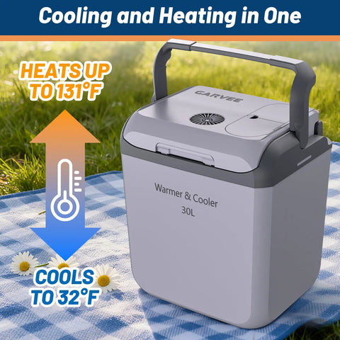 Ride Along Thermoelectric Car Cooler And Warmer 32 Qt Fits A Six Pack Perfect For Weekend Drives Keeps Drinks Frosty Or Snacks Toasty Without Breaking A Sweat Sleek Gray Build Tough Carry Handle Included, showing a 30L cooler, heating to 131°F and cooling to 32°F.