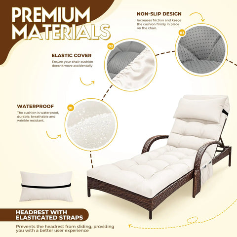 Waterproof Outdoor Chaise Lounge Cushion With Ties, 71 By 21 By 4 Inches, Cream Color Replacement Pad for Patio Furniture on chair