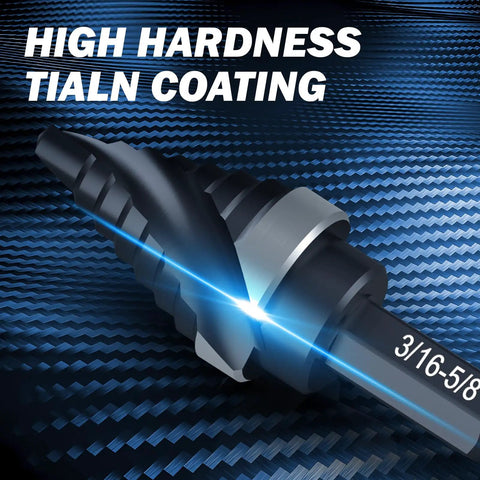 M35 Cobalt Spiral Flute Step Drill Bit with TiAlN coating showing size 3/16-5/8 inch on dark textured background