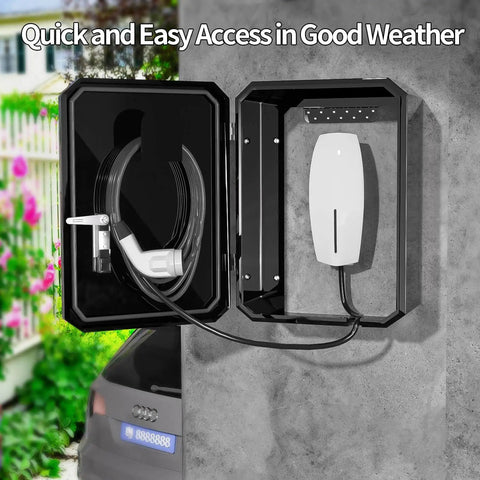 Dang Tough Wall Mount Cover For Electric Vehicle Chargers Built From Rigid Cold Rolled Steel With Rock Solid Locking System Completely Waterproof For Any Rough Outdoor Conditions In Glossy Black, showcasing open cover with charging cable.