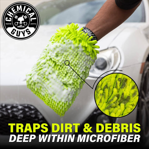 Chenille Premium Scratch-Free Microfiber Wash Mitt For Your Ride Car Cleaning Lime Green Ultra-Soft Glove In Use
