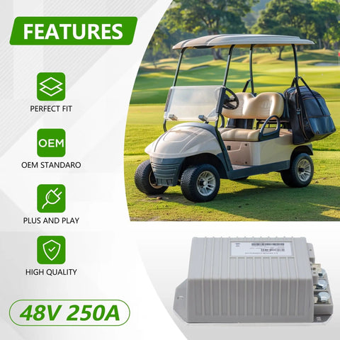Image of a 48V 250A 1515-5201 DC Motor Controller for 2009 and up golf carts, shown with a golf cart on a course.
