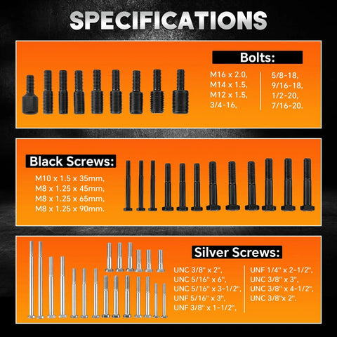 Bolt and screw specifications for Harmonic Balancer Puller and Installer Kit, featuring black and silver screws in various sizes.