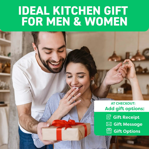 Couple exchanging gift labeled 'Ideal Kitchen Gift For Men & Women' with checkout gift options on screen.