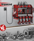 Power Tool Organizer Wall Mount With Charging Station, 3 Tier Red Garage Shelf, Built In 6 Outlet Power Strip And 1.65m Cord For Quick Charging, Grab And Go Access, And Neat Tool Storage, wall-mounted