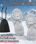25 Teeth Anti Slip Shoe Covers For Winter Hiking Snow Walking And Skiing with Oxford bag, shown in snowy mountain setting.
