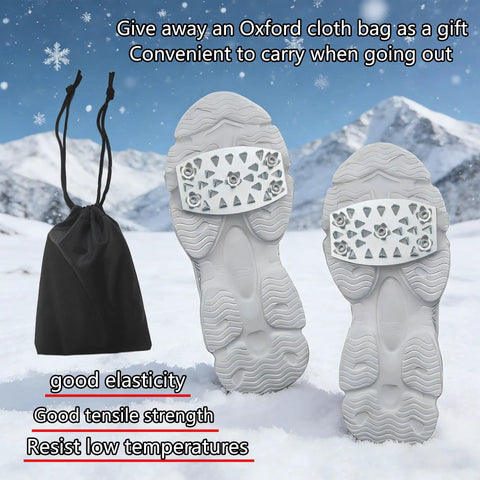 25 Teeth Anti Slip Shoe Covers For Winter Hiking Snow Walking And Skiing with Oxford bag, shown in snowy mountain setting.