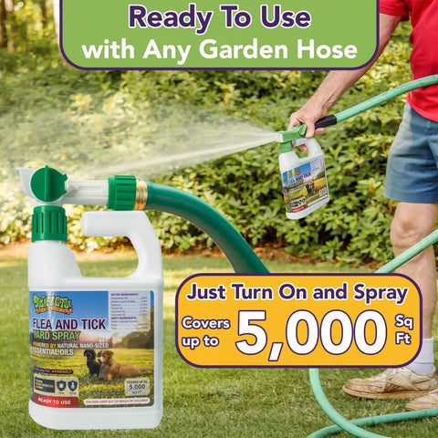 Person using All Natural Flea And Tick Yard Spray For Outdoors With Essential Oils, Pet And Family Safe, Hose End Sprayer for 5000 Sq Ft