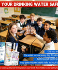 Students in a classroom holding water glasses with All In One Water Test Kit For Home Use With 20 Tests And 123 Strips box visible.