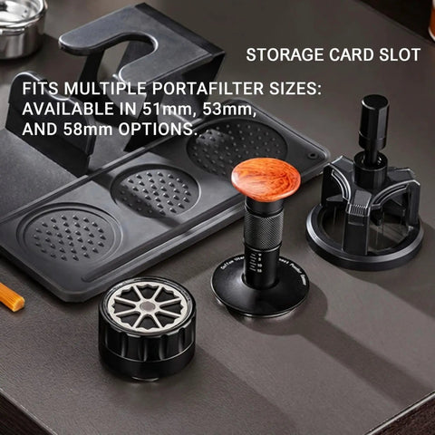 Daily Driver Barista Coffee Accessories Set Featuring Calibrated Spring Tamper Stirring Needle And Distribution Tool For Truly Smooth Espresso Pulls At Home, includes various tools on a dark surface.