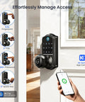 Zero Drama Fingerprint Keypad Smart Door Knob With Snappy Bluetooth Link And Solid Matte Black Housing displaying smartphone app control.