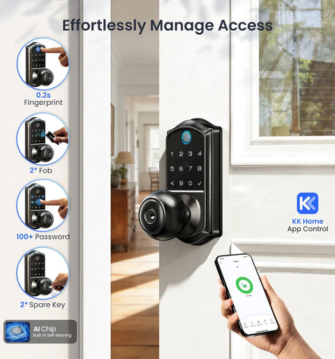 Zero Drama Fingerprint Keypad Smart Door Knob With Snappy Bluetooth Link And Solid Matte Black Housing displaying smartphone app control.