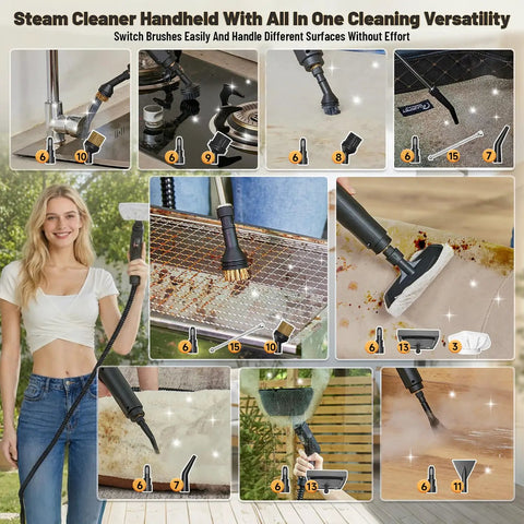 Gautye Portable Steam Cleaner With 3 Level Adjustable Handle Plus 15 Versatile Accessories For Deep Cleaning Floors Tiles And Carpets High Heat Sanitizing Black Housing Durable Abs Build Effective Germ Fighting Home Care Solution in use with various attachments.