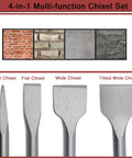 4 Piece 11 Inch SDS Max Chisel Set For Rotary Hammer Demolition Tile Removal Concrete Bricks with flat, point, and angled chisels displayed