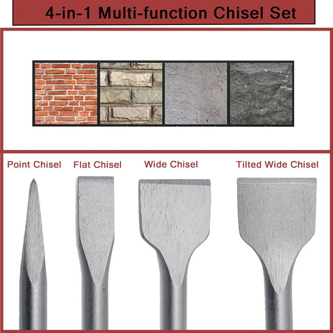 4 Piece 11 Inch SDS Max Chisel Set For Rotary Hammer Demolition Tile Removal Concrete Bricks with flat, point, and angled chisels displayed