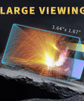 HD Auto Darkening Welding Lens With True Color View, Solar Powered, showing large viewing area and dimensions 3.64" x 1.67"