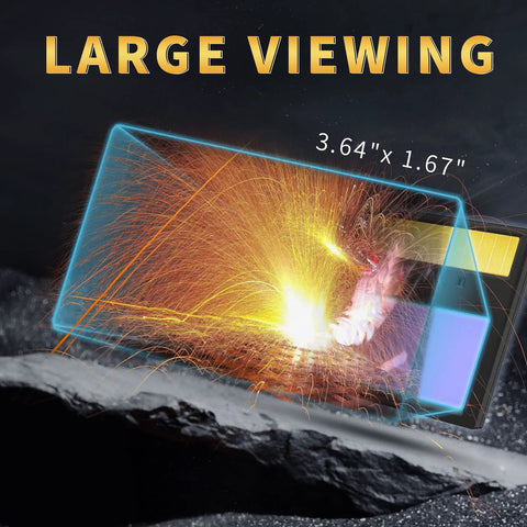 HD Auto Darkening Welding Lens With True Color View, Solar Powered, showing large viewing area and dimensions 3.64" x 1.67"