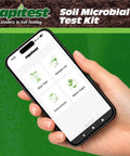 Hand holding smartphone with Soil Microbial Test Kit app for Quick Health Check Of Your Dirt, 5 Tests, Real Results In 10 Minutes.
