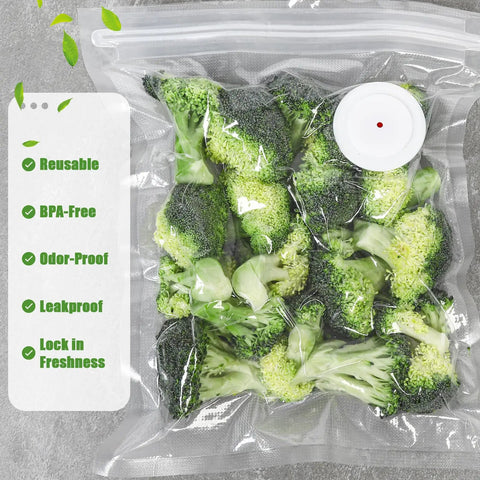Broccoli in vacuum bag, 60 Pack Reusable Vacuum Sealer Bags BPA Free For Freezer Storage, Sous Vide Ready, Dishwasher Safe Cleanup