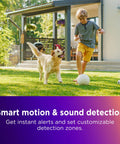 A boy playing with a dog in a sunny backyard, showcasing motion detection capability of Outdoor Security Camera Weatherproof IP65 Wireless 1080p HD Night Vision With Motion Detection Works With Alexa And Google Assistant Base Station Included Renewed.
