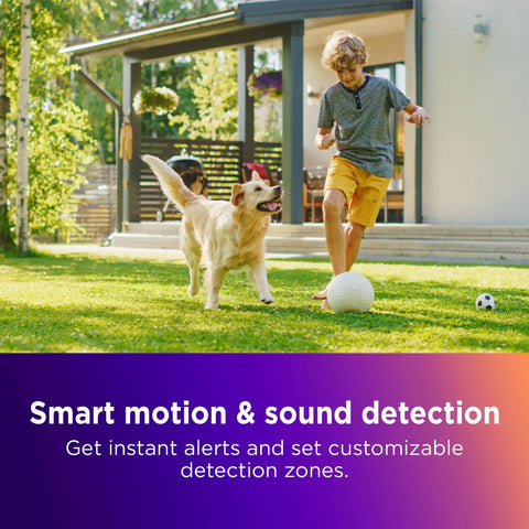 A boy playing with a dog in a sunny backyard, showcasing motion detection capability of Outdoor Security Camera Weatherproof IP65 Wireless 1080p HD Night Vision With Motion Detection Works With Alexa And Google Assistant Base Station Included Renewed.