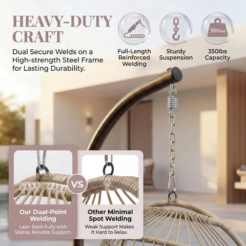 Heavy-duty welding detail on Hanging Egg Chair With Stand For Patio And Garden, Boho Wicker Swing Seat With Cozy Tufted Cushion