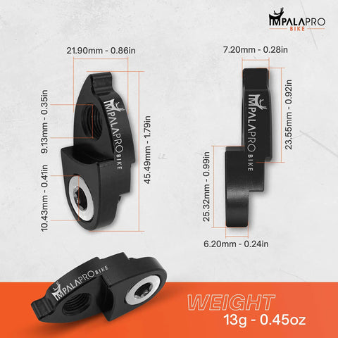 Image showing Rear Derailleur Hanger Extender For Bikes Slick Shift Reach And Precision Compatible With Shimano Hanger Carrera Gear Hanger Lightweight Black Upgrade For Easier Gear Changes And Singlespeed Conversions with dimensions and weight.