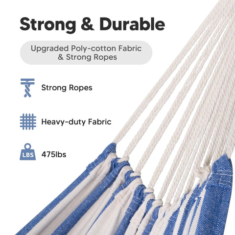 Close-up of Big Outdoor Double Hammock With Stand For Two People, durable poly cotton fabric and strong ropes in blue and white stripes.
