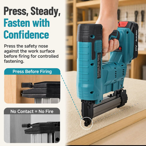 21V Brushless Cordless Electric Nail Gun Brad Nailer Tool For Baseboards And Cabinet Molding Zero Fuss Battery Powered in use.