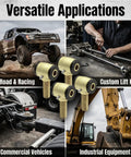 Heavy Duty Three Quarter Sixteen Thread Rod End Bushing Kit With Tough Polyurethane Sleeves and Left Right Heim Joints for Badass Suspension Builds and Custom Fabrication Rigs On The Road displayed with various applications.