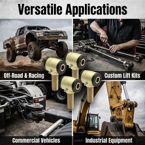 Heavy Duty Three Quarter Sixteen Thread Rod End Bushing Kit With Tough Polyurethane Sleeves and Left Right Heim Joints for Badass Suspension Builds and Custom Fabrication Rigs On The Road displayed with various applications.