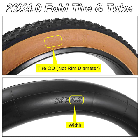 Close-up of 26x4.0 fat bike tire and tube with skin tone sidewalls, featuring all-terrain tread pattern and labeled dimensions.