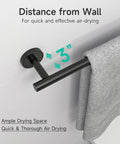 Must Have Matte Black Bathroom Accessories Set 16 Inch Hand Towel Bar Wall Mounted 4 Piece with Toilet Paper Holder and Two Robe Hooks Durable SUS304 Stainless Steel Hardware, showing towel bar with 3 inch wall distance for air drying.